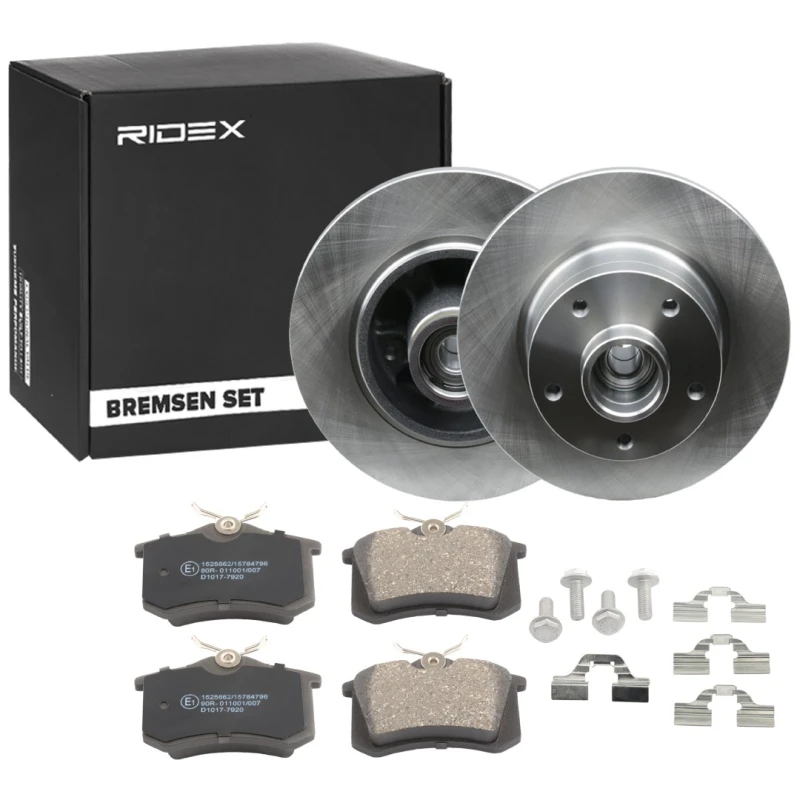 Image of RIDEX 3405B1767 Brake disc and pads set with accessories, Rear Axle, Brake Disc Type: Solid, excl. wear warning contact, with brake caliper screws Br