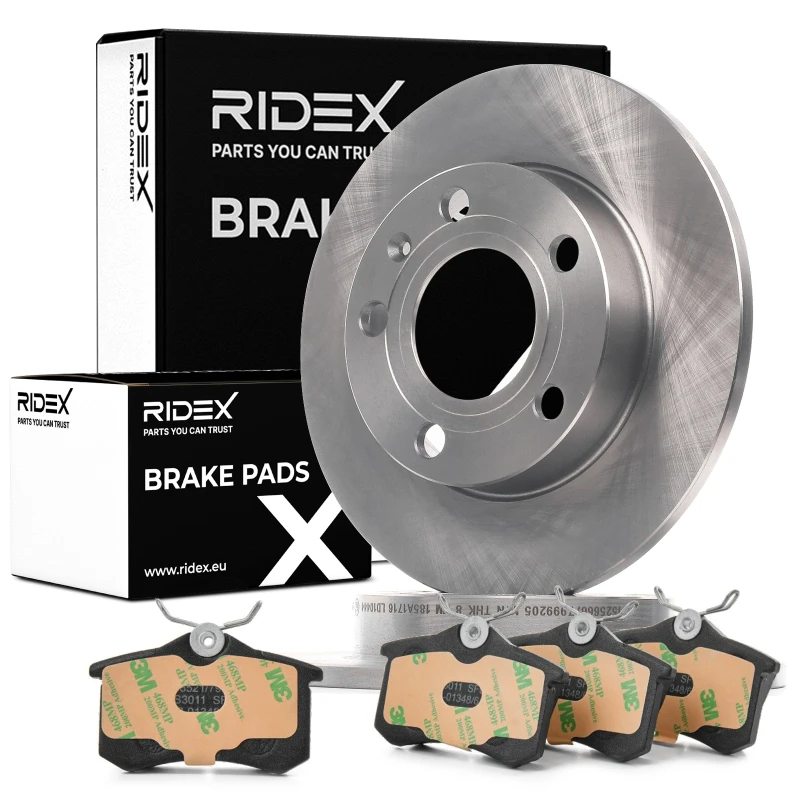 Image of RIDEX 3405B1068 Brake disc and pads set Rear Axle, Brake Disc Type: Solid, not prepared for wear warning indicator Brake Set,disc brakes (3405)