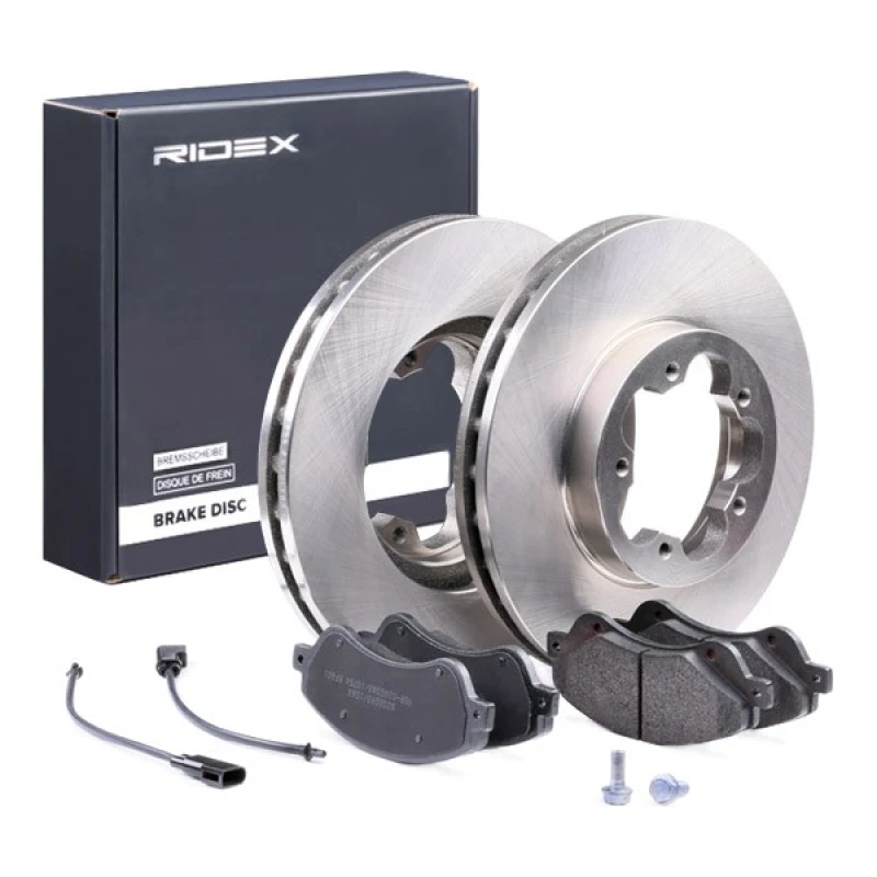 Image of RIDEX 3405B0254 Brake disc and pads set Front Axle, Brake Disc Type: Vented, incl. wear warning contact Brake Set,disc brakes (3405)