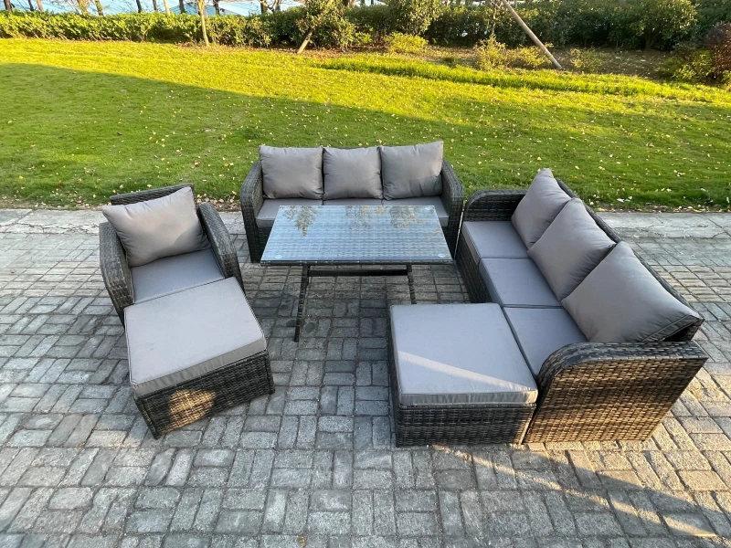 Image of Fimous Rattan Garden Furniture Dining Set 9 seater Patio Rectangular Table 2 Big Footstool Dark Grey Mixed Dark Grey