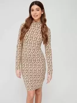 Image of Calvin Klein Jeans CK Monogram Logo Long Sleeve Dress - Brown, Print Size M Women