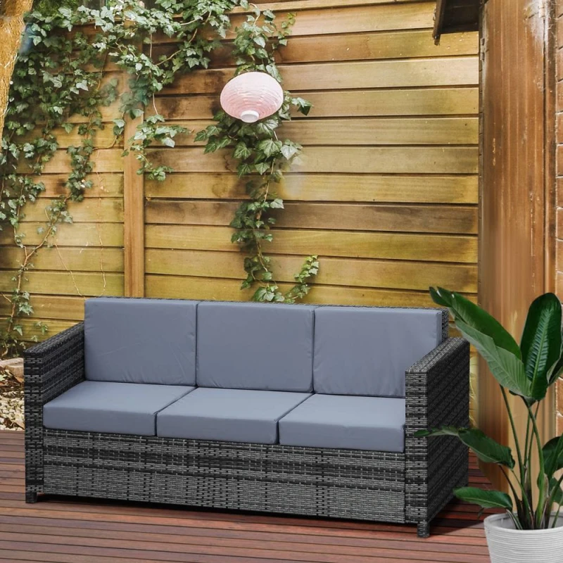 Image of Outsunny Rattan Wicker 3-seater Sofa Chair Patio Furniture w/ Cushion Black