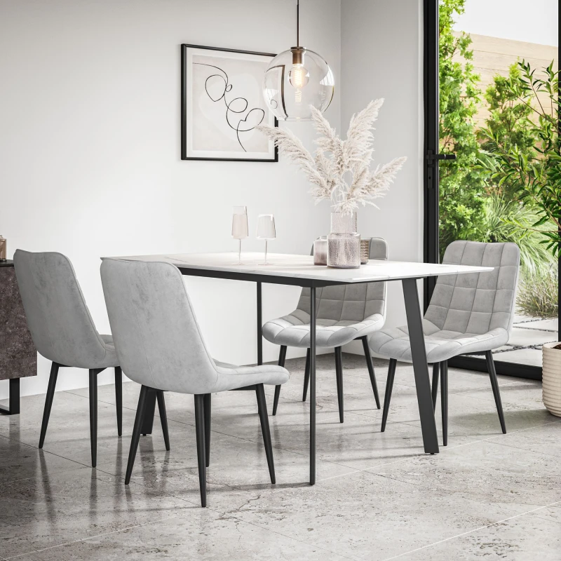 Image of More4Homes Haydon Extending Dining Table + Chairs- White Marble Effect Table Top W Black Legs + Nova Velvet Dining Chair Set Of 4 (Grey)