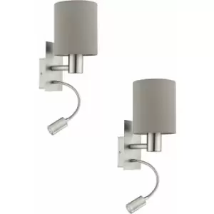 Image of 2 pack Wall Light Colour Satin Nickel Shade Taupe Fabric E27 LED 1x40W 1x3.5W