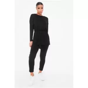 image of I Saw It First Black Soft Knit Side Split Tie Waist Top And Legging Set - Black