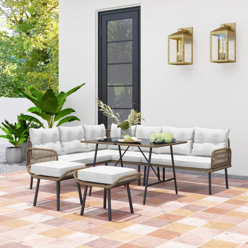 Image of OUTSUNNY Sectional Outdoor Furniture with Glass Top Table in Cream Cream Unisex