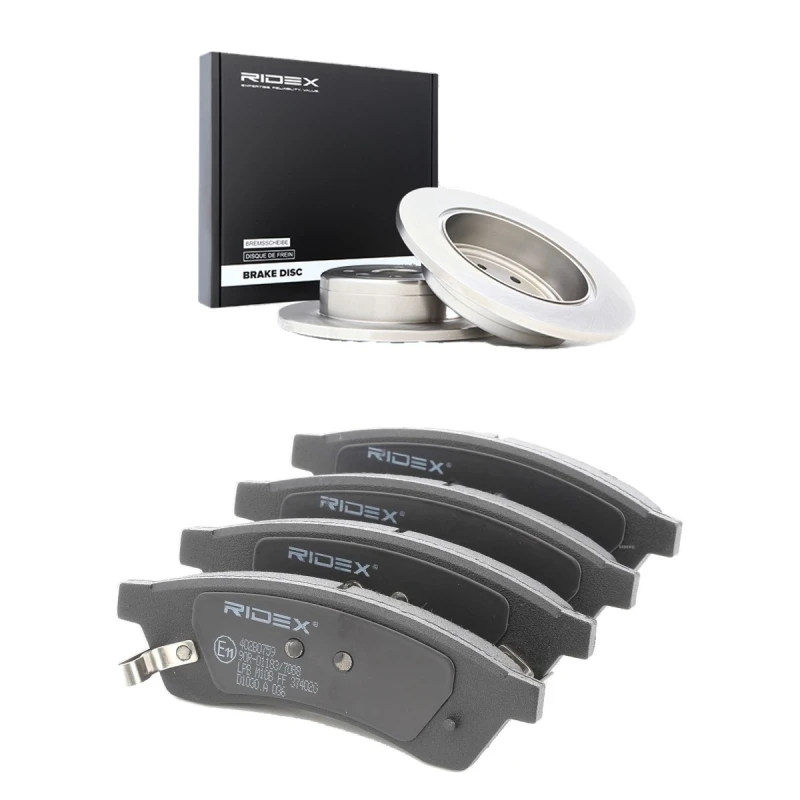 Image of RIDEX 3405B2474 Brake disc and pads set Rear Axle, Brake Disc Type: Solid, with acoustic wear warning Brake Set,disc brakes (3405)