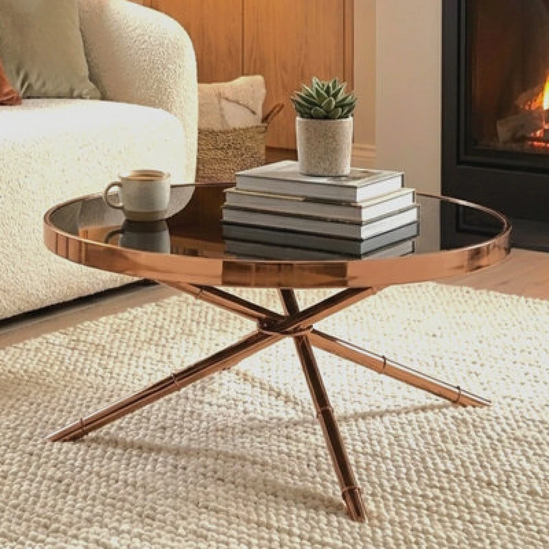 Image of Premier Housewares Versatile 3 Leg Coffee Table, Rose Gold Finish Table For Livingroom, Tempered Glass Top Display Table Black