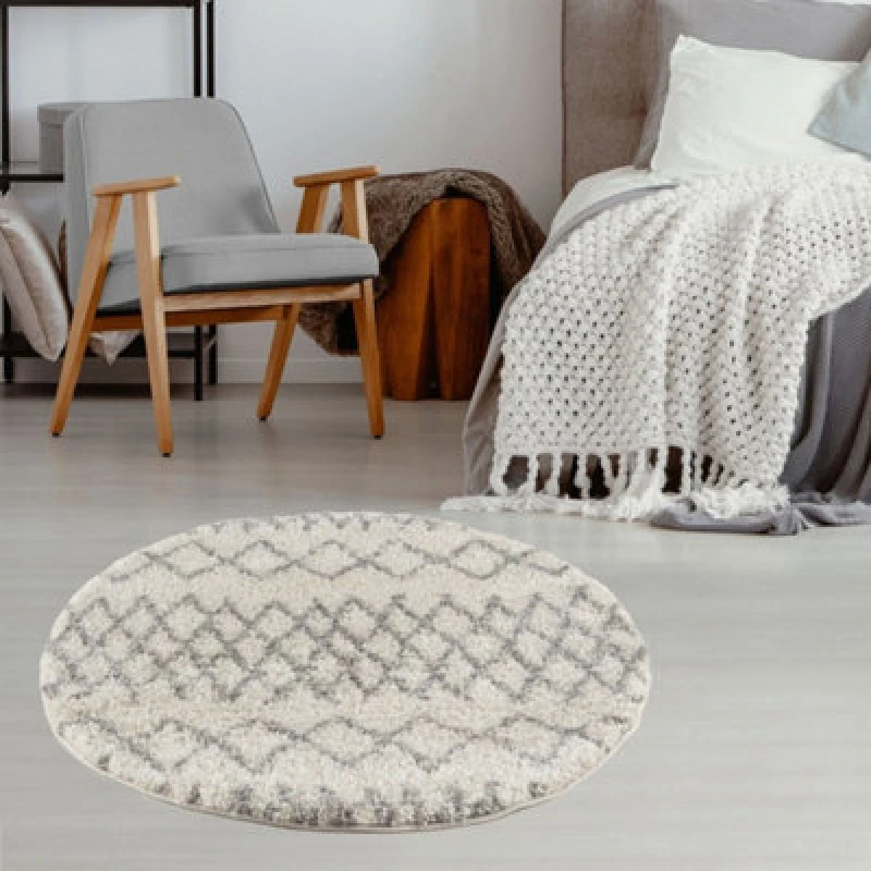 Image of THE RUGS Soft Tangier Shaggy Rugs & Runners Ivory & Grey Living Room Size: 120cm diameter Ivory Unisex 120cm diameter