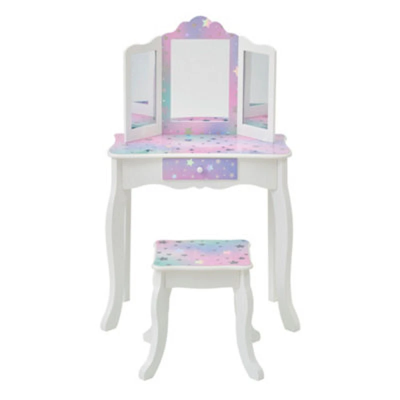 Image of Teamson Kids Kids Vanity Table & Stool With Tri-Fold Mirror And Drawer