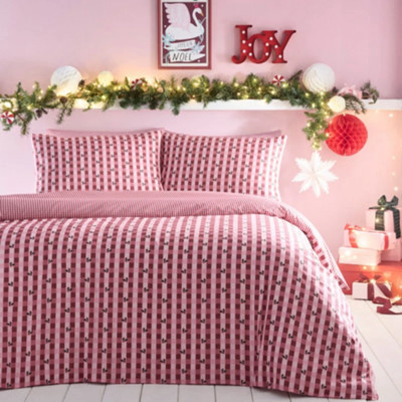 Image of Fusion 'Holly Gingham' Easy Care Festive Duvet Cover Set in Red Size: Super King Red Unisex Super King