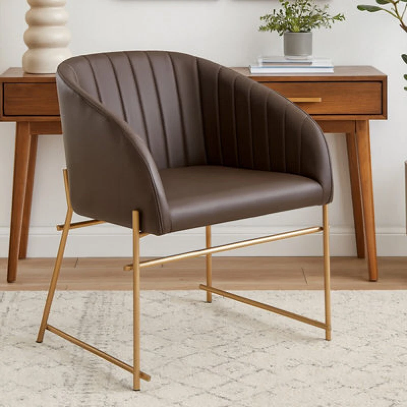 Image of Premier Housewares Brown Faux Leather Armchair, Modern Dining Chair, Luxe Dining Room Accent Chair, Comfortable Dining Chair Brown