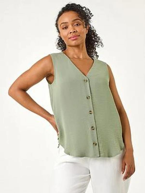 Image of Roman Womens Petite V-Neck Front Button Blouse in Khaki Size: 16 Khaki Female 16