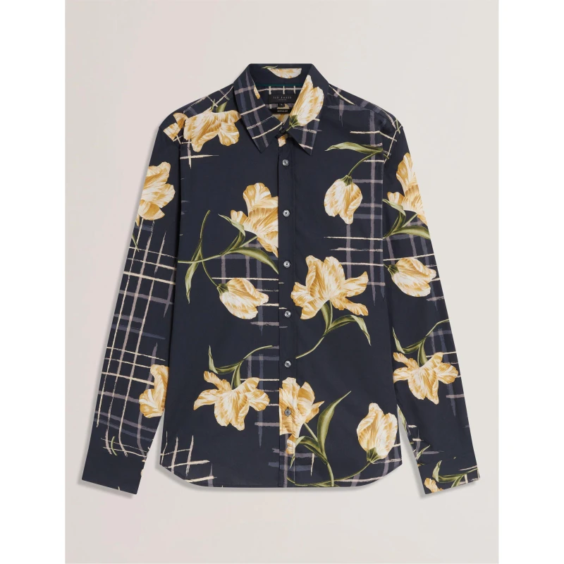 Image of Ted Baker Mens Long Sleeve Patterned Shirt Navy male S (2)