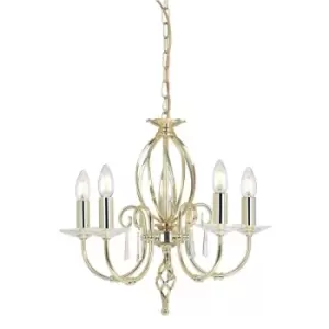Image of 5 Bulb Chandelier Cut Glass Droplets Curved Stem Polished Brass LED E14 60W