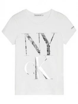 Image of Calvin Klein Jeans Girls Ny Ck Print Slim T-Shirt - White