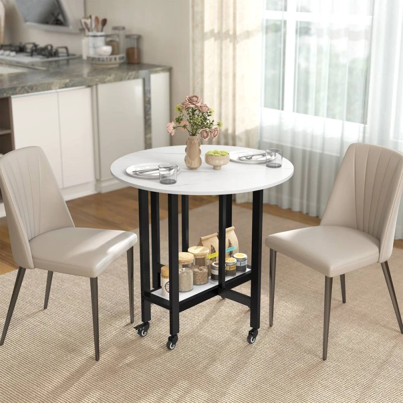 Image of HOMCOM Folding Dining Table, Drop Leaf Table with Open Shelf, White Marble Size: 80cm x 80cm White Unisex 80cm x 80 cm