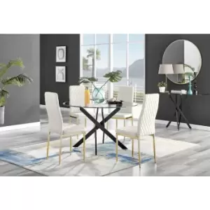 Image of Furniturebox UK - Furniturebox Novara Black Leg 120cm Round Glass Dining Table & 4 Cream Milan Velvet Dining Chairs With Gold Legs Diamond Stitch