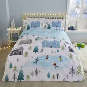 image of Fusion Christmas Festive Village Easy Care Reversible Duvet Cover Set, Duck Egg, Double