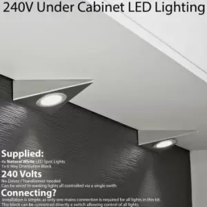 image of 4x brushed nickel Triangle Surface Under Cabinet Kitchen Light Kit - 240V Mains Powered - Natural White led