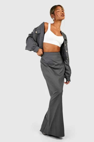 Image of boohoo Pinstripe Thigh Split Column Maxi Skirt Grey