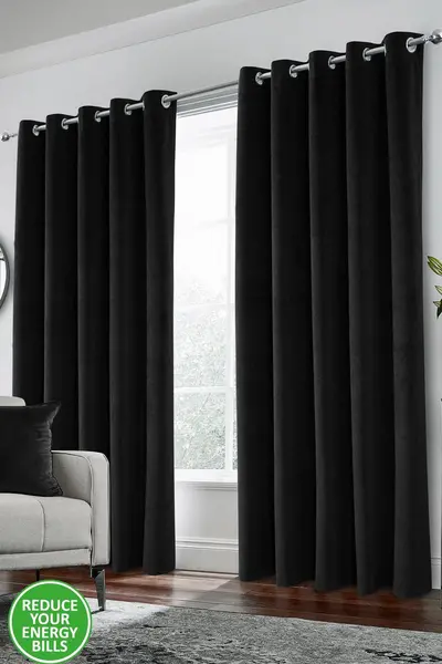 Image of Enhanced Living Velvet, Supersoft, 100% Blackout, Thermal Pair of Curtains with Eyelet Top Black