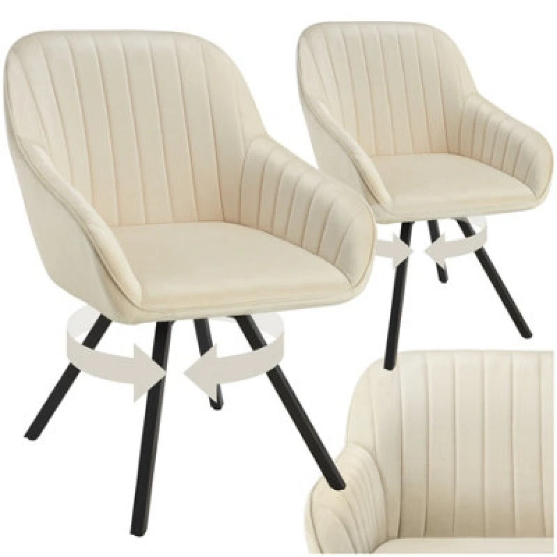 Image of Tectake Set Of 2 Lounge Armchair Living Room Accent Chair 360 Swivel Slim Steel Legs Velvet Fabric - Cream