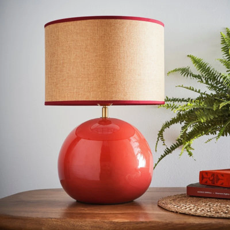Image of K Living Lata Red Ceramic Table Lamp 44Cm Tall Glossy Glazed Base With Textured Fabric Shade