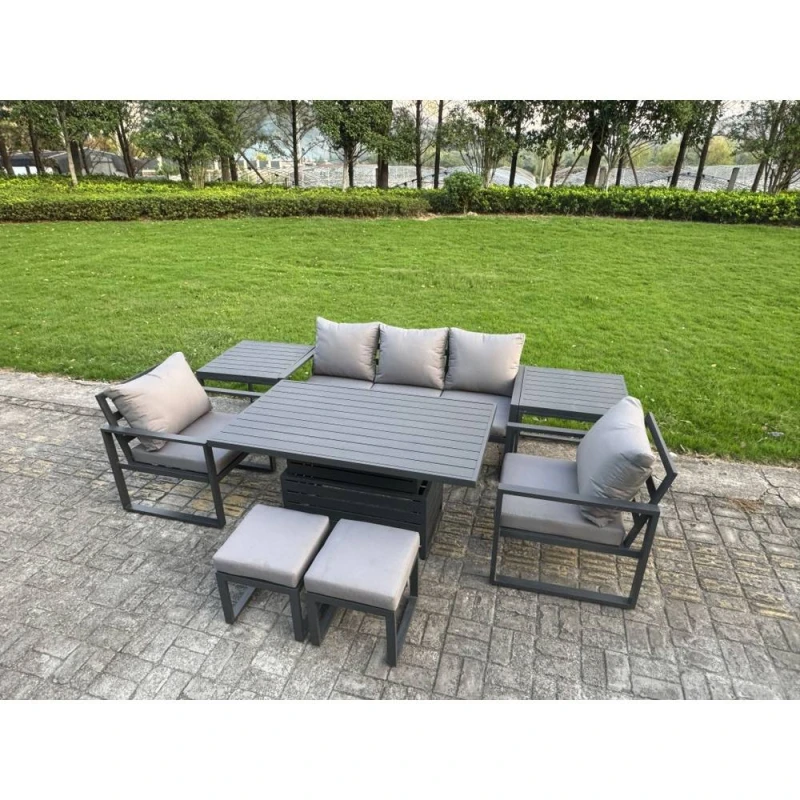 Image of Fimous Aluminum 8 Piece Sofa Set with Lifting Table, 2 Chairs, 2 Small Stools in Dark Grey Dark Grey Unisex