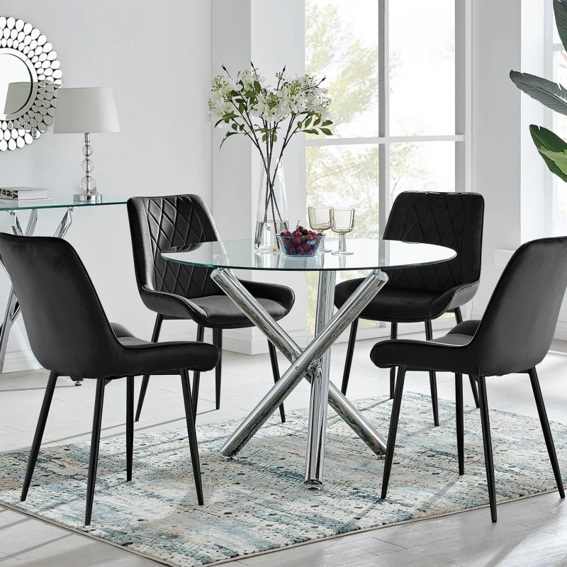 Image of FurnitureboxUK FurnitureboxUK Selina Round Glass Chrome Leg Dining Table and Pesaro Black Leg Chairs Size: 4 Person Black 4 Person Unisex 5056542666