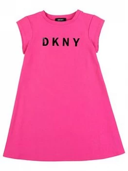 Image of DKNY Girls Short Sleeve Logo Jersey Swing Dress - Bright Pink, Bright Pink, Size 14 Years, Women