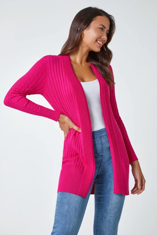 Image of Roman Womens Longline Stretch Ribbed Cardigan in Cerise Size: 18 Cerise Female 18
