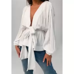 image of Missguided Cheesecloth Plunge Flippy Hem Blouse - White