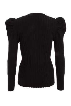 image of Quiz Black Knitted Puff Sleeves Ribbed Top - S