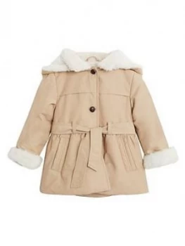 Image of Mango Baby Girls Faux Fur Lined Hooded Coat - Light Brown, Size 9-12 Months