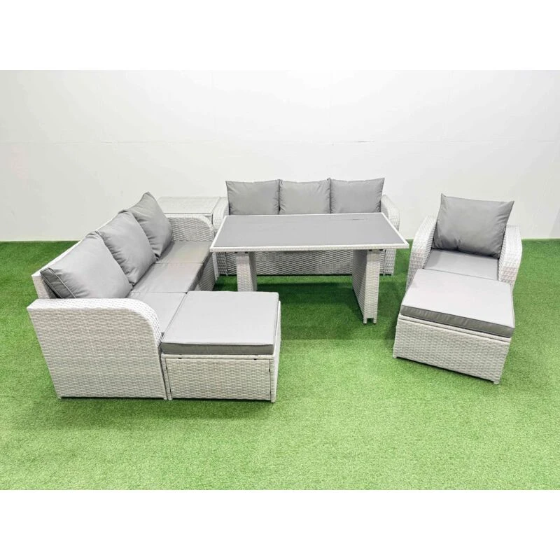Image of Fimous 9-seater Patio Rectangular Table Sofa Set with Side Table 2 Big Stools in Light Grey Light Grey Unisex