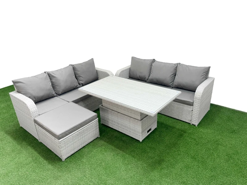 Image of Fimous Outdoor Garden Furniture Sets 7 Seater Wicker Rattan Furniture Sofa Sets with Adjustable Lifting Dining or Coffee Table high Back Lounge Sofa B
