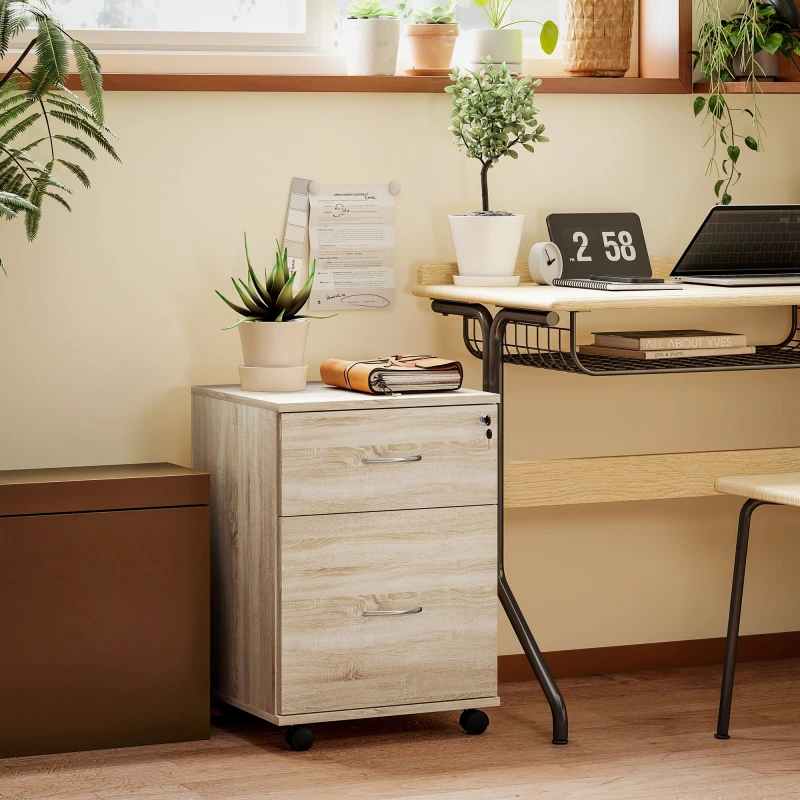 Image of HOMCOM Pedestal Office Mobile Filing Cabinet 2 Drawer Wooden Storage Oak, Brown 836-038V01ND