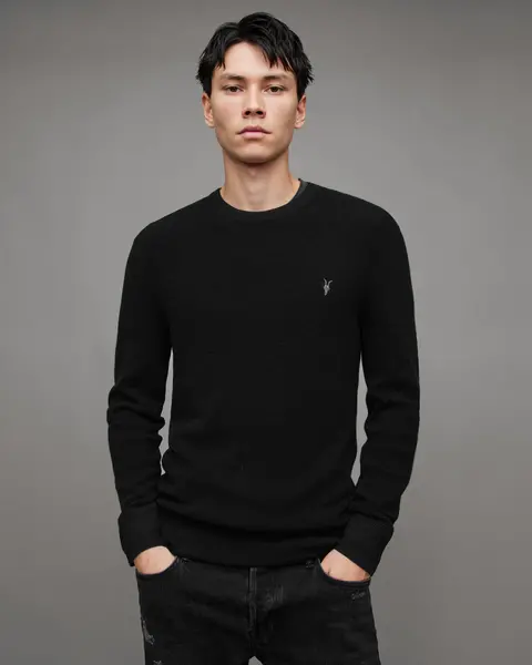 image of AllSaints Mens Merino Wool Regular Fit Ivar Crew Neck Jumper, Black, Size: S