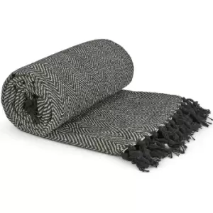 Image of Herringbone Throw 50x60' Black Recycled Cotton Blanket Throwover