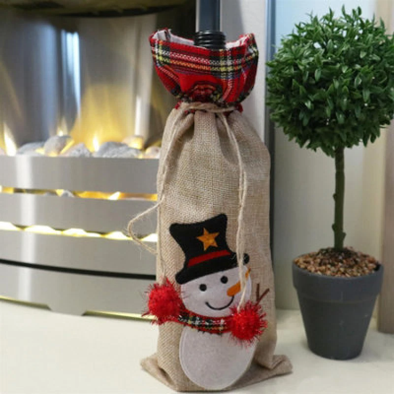 Image of Shatchi Wine Bottle Liquor Cover Bag with Drawstring Printed Pattern Burlap Hessian Linen Novelty Dinner Table Decorations-Reindee Multi