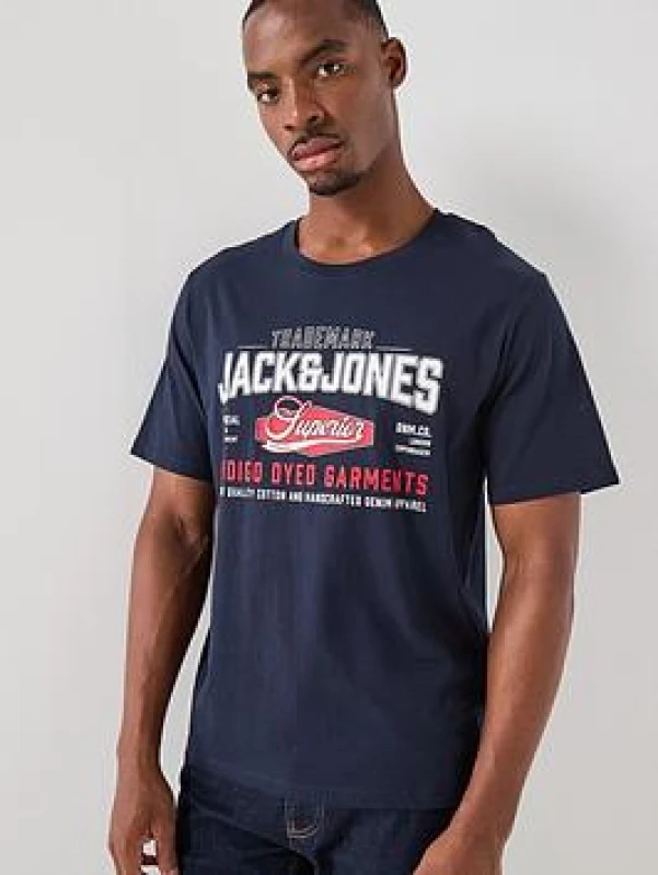 Image of jack & jones Logo Print Crew Neck Short Sleeve T-Shirt Navy Blue Cotton S