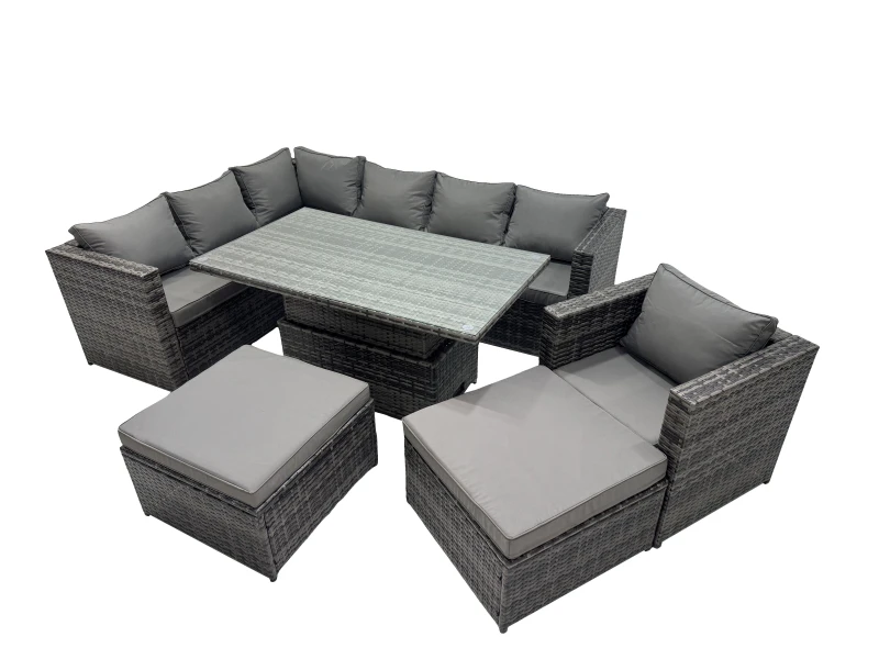 Image of Fimous 9-seater Rattan Garden Furniture Dining Set with 2 Big Stool in Dark Grey Dark Grey Unisex
