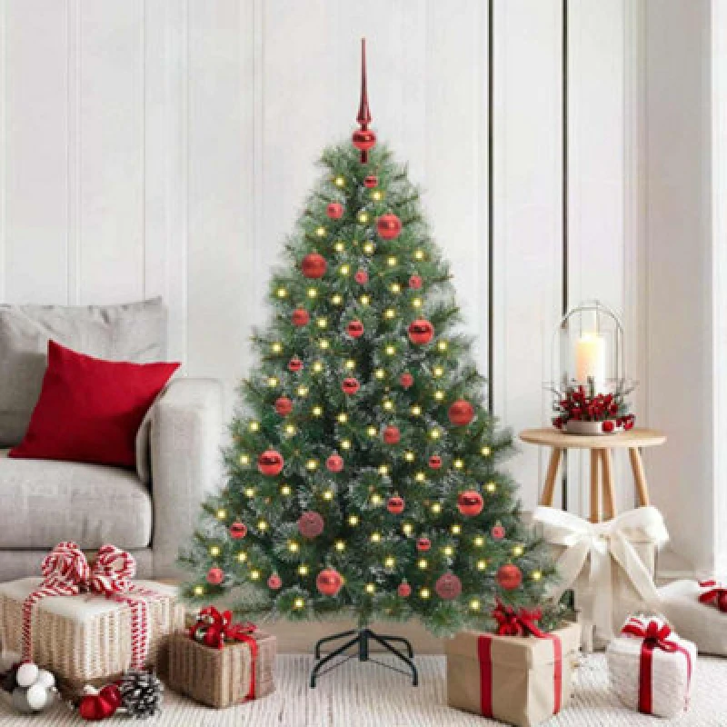 Image of vidaXL Artificial Christmas Tree with 150 LEDs Red Balls Snow Flocked Green 150cm PE and PVC, Green 3397835