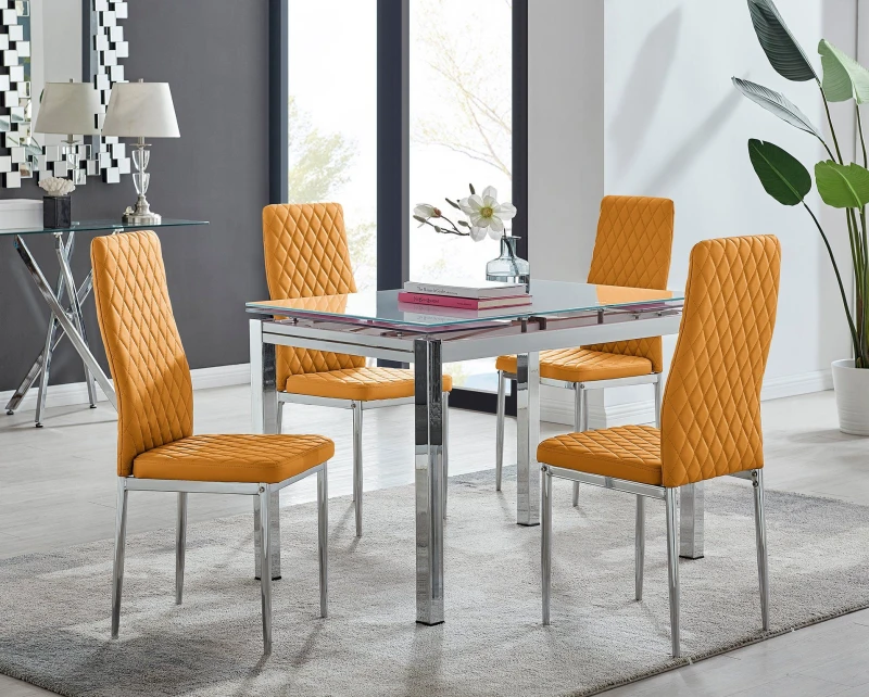 Image of FurnitureboxUK FurnitureboxUK Enna White Glass Extending 4-6 Seater Dining Table and 4 Milan Faux Leather Chairs in Mustard Mustard One Size Unisex 50