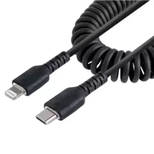 Image of StarTech.com USB C to Lightning Cable 20" / 50cm MFi Certified Coiled iPhone Charger Cable Black Durable TPE Jacket Aramid Fiber Heavy Duty Coil Light