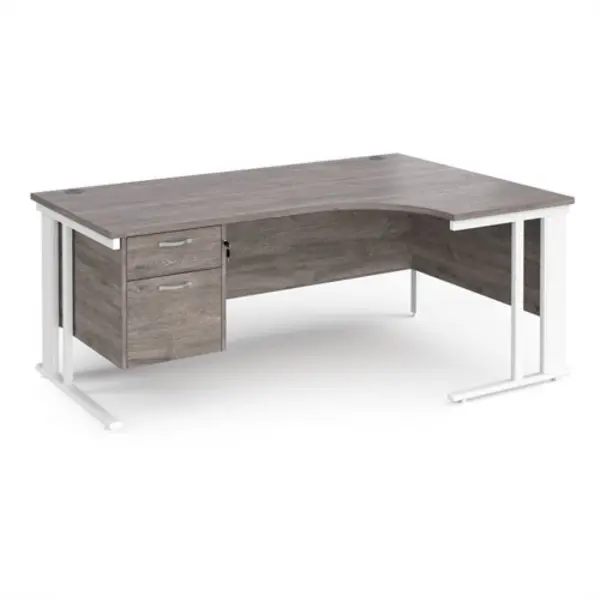 Image of Maestro 25 right hand ergonomic desk 1800mm wide with 2 drawer pedestal - white cable managed leg frame, grey oak top
