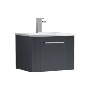 image of Nuie Deco Satin Anthracite 500mm Wall Hung Single Drawer Vanity Unit with 30mm Curved Profile Basin - DPF1491G - Satin Anthracite