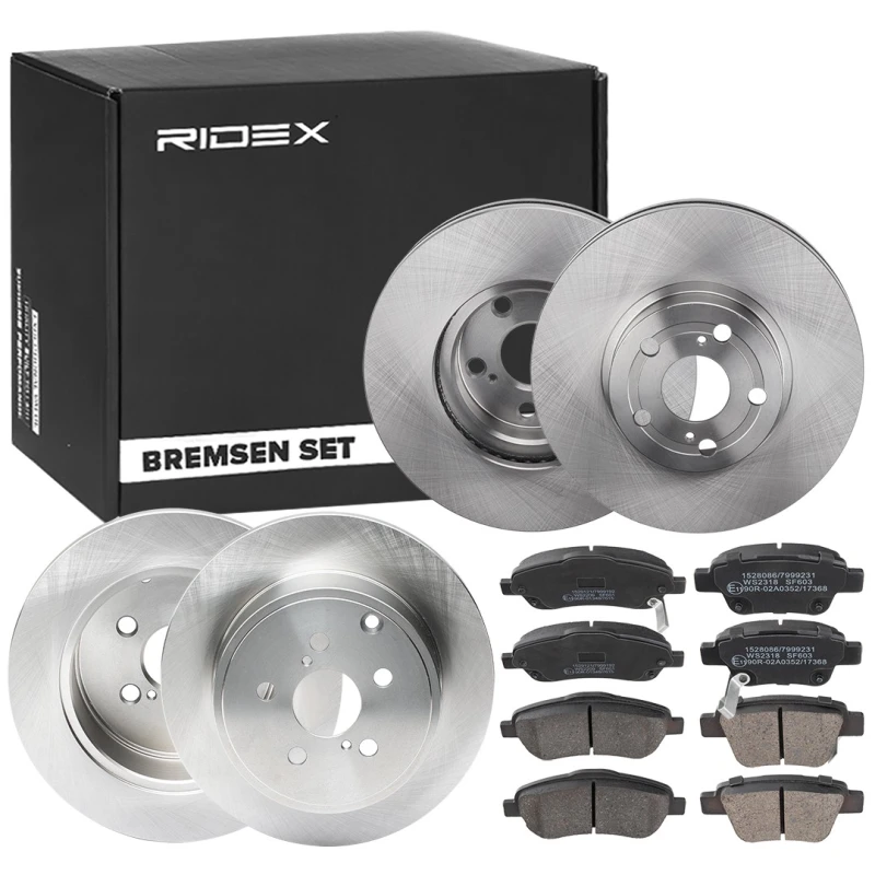 Image of RIDEX 3405B1740 Brake disc and pads set Front Axle, Brake Disc Type: Vented, with acoustic wear warning Brake Set,disc brakes (3405)