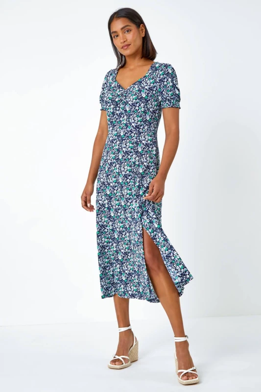 Image of Roman Textured Floral Midi Green
